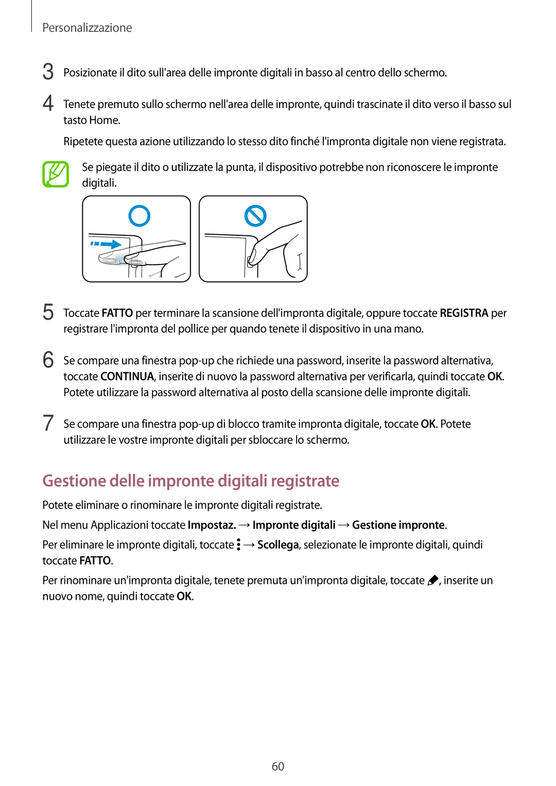 Samsung SM-G800FZDAXEO, SM-G800FZWADBT, SM-G800FZDADBT, SM-G800FZKADBT manual Gestione delle impronte digitali registrate 