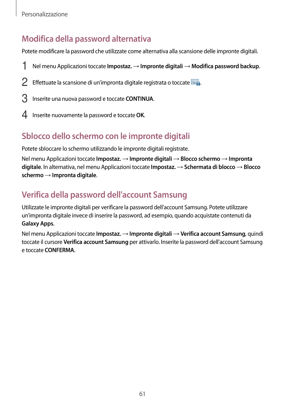 Samsung SM-G800FZDAITV, SM-G800FZWADBT Modifica della password alternativa, Sblocco dello schermo con le impronte digitali 