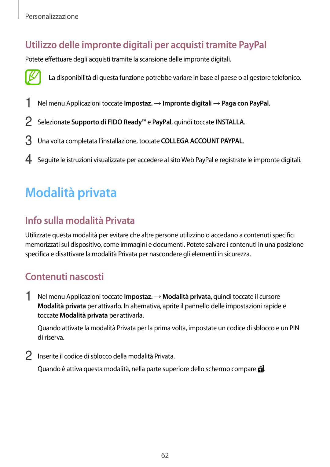 Samsung SM-G800FZBAITV, SM-G800FZWADBT, SM-G800FZDADBT Modalità privata, Info sulla modalità Privata, Contenuti nascosti 