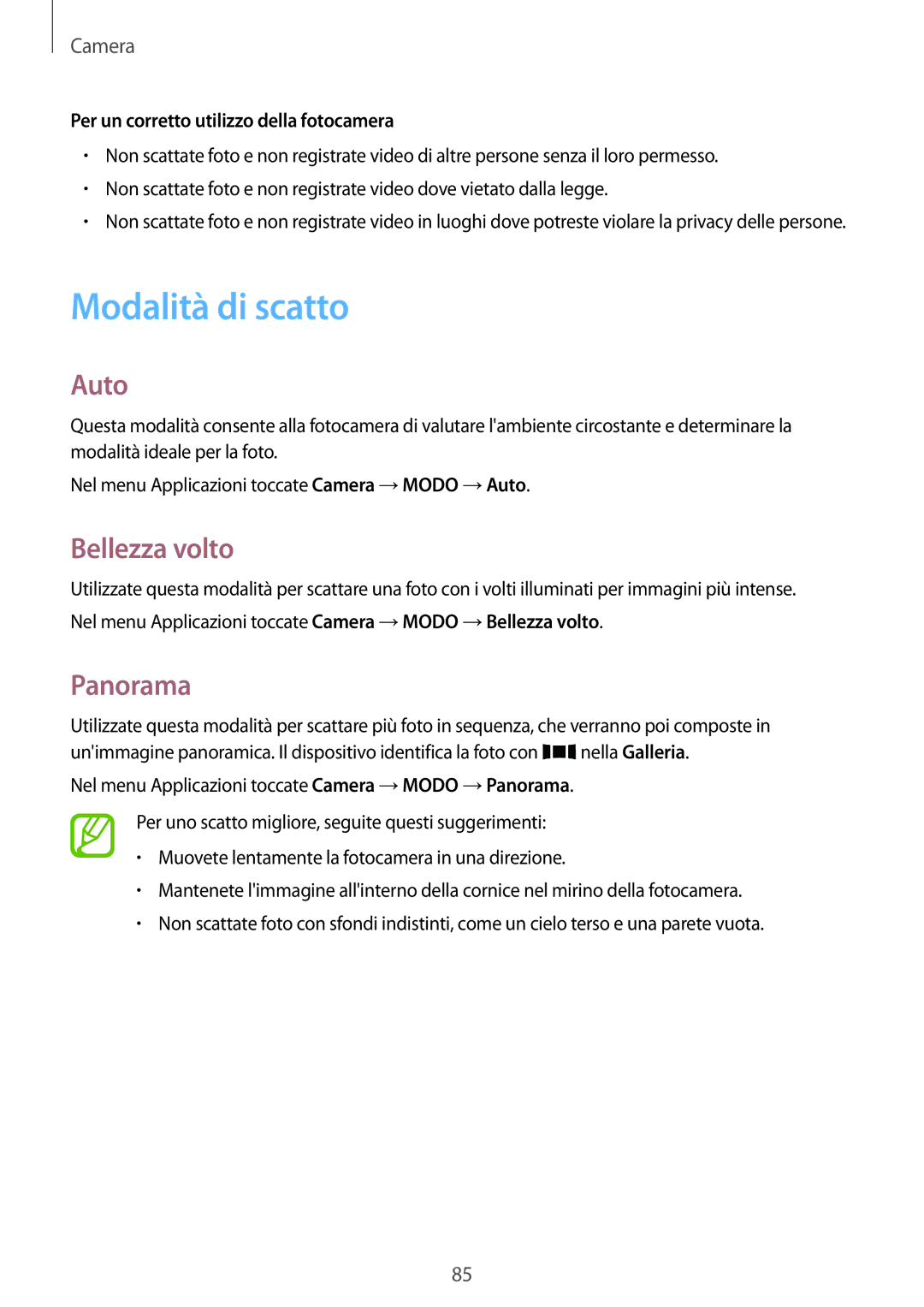 Samsung SM-G800FZDADBT manual Modalità di scatto, Auto, Bellezza volto, Panorama, Per un corretto utilizzo della fotocamera 