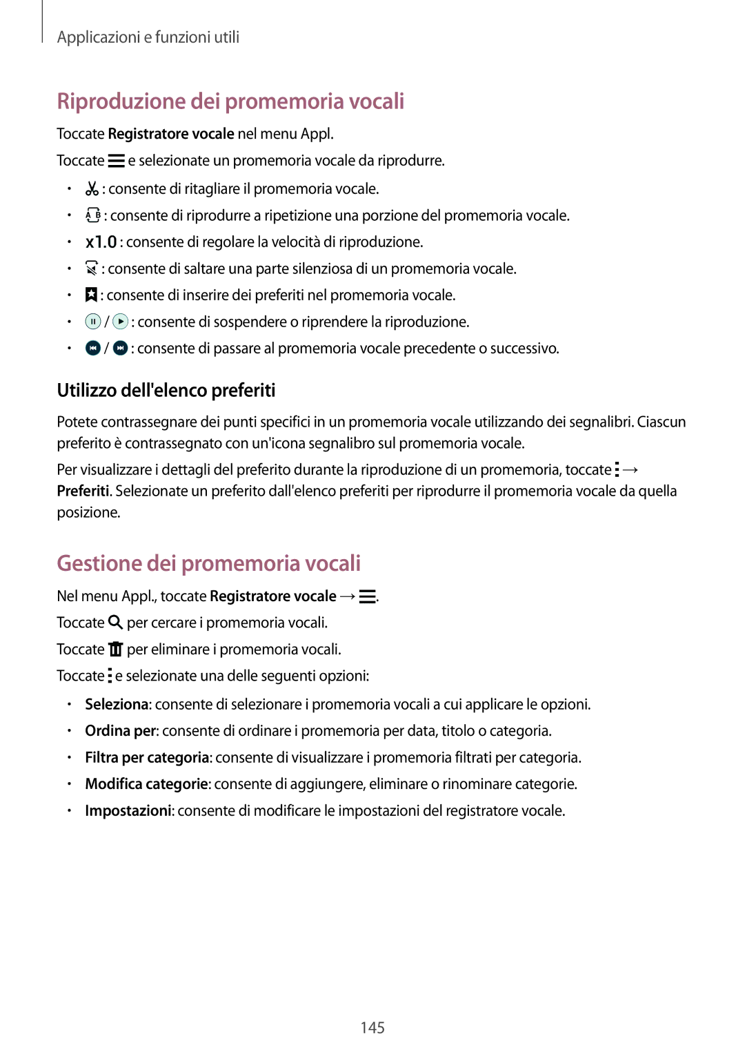 Samsung SM-G800FZDAITV Riproduzione dei promemoria vocali, Gestione dei promemoria vocali, Utilizzo dellelenco preferiti 