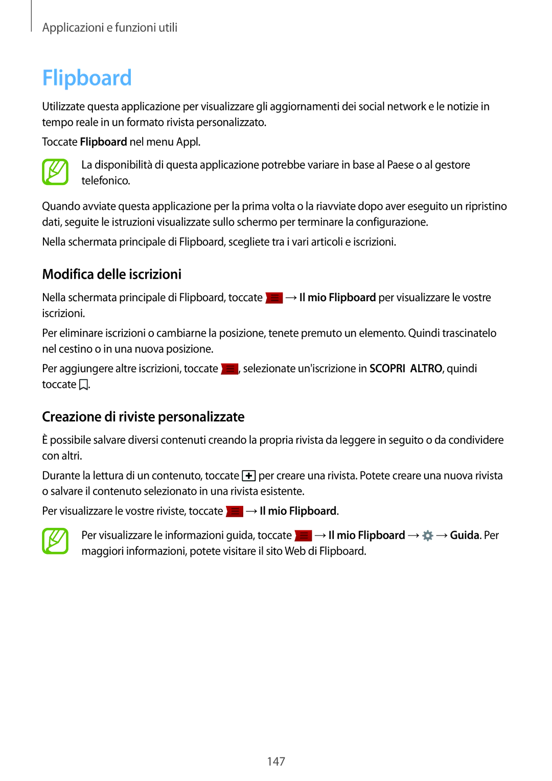 Samsung SM-G800FZKAVD2, SM-G800FZWADBT manual Flipboard, Modifica delle iscrizioni, Creazione di riviste personalizzate 