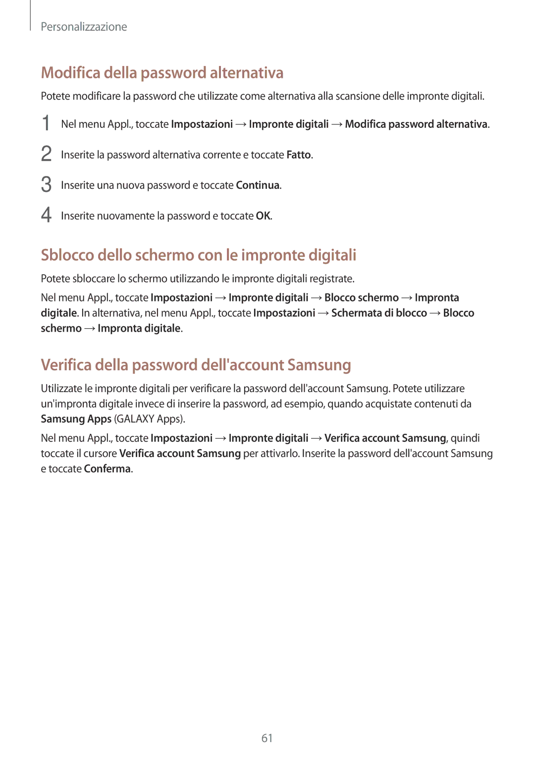 Samsung SM-G800FZDAITV, SM-G800FZWADBT Modifica della password alternativa, Sblocco dello schermo con le impronte digitali 