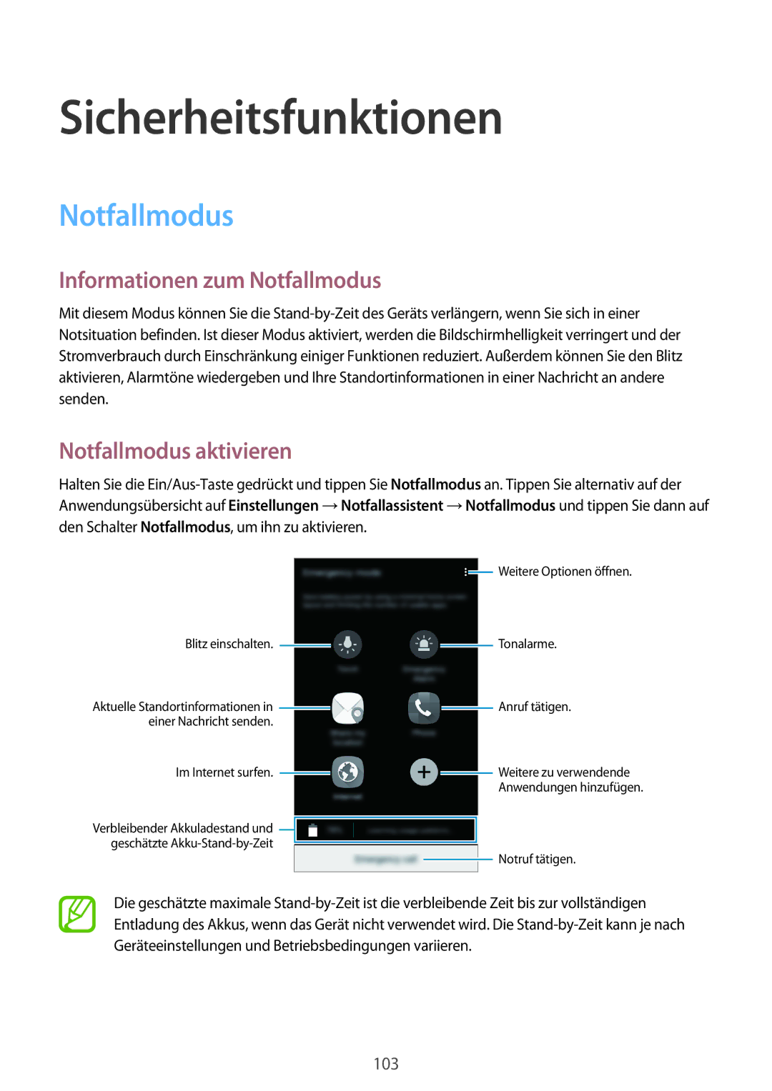 Samsung SM-G800FZBADBT, SM-G800FZWADBT Sicherheitsfunktionen, Informationen zum Notfallmodus, Notfallmodus aktivieren 