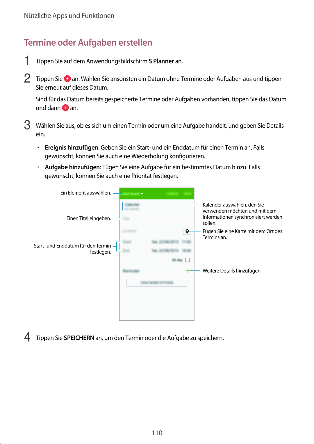 Samsung SM-G800FZKADBT, SM-G800FZWADBT, SM-G800FZDADBT, SM-G800FZBADBT manual Termine oder Aufgaben erstellen 