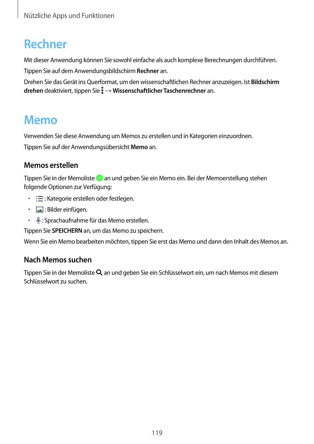 Samsung SM-G800FZBADBT, SM-G800FZWADBT, SM-G800FZDADBT, SM-G800FZKADBT manual Rechner, Memos erstellen, Nach Memos suchen 