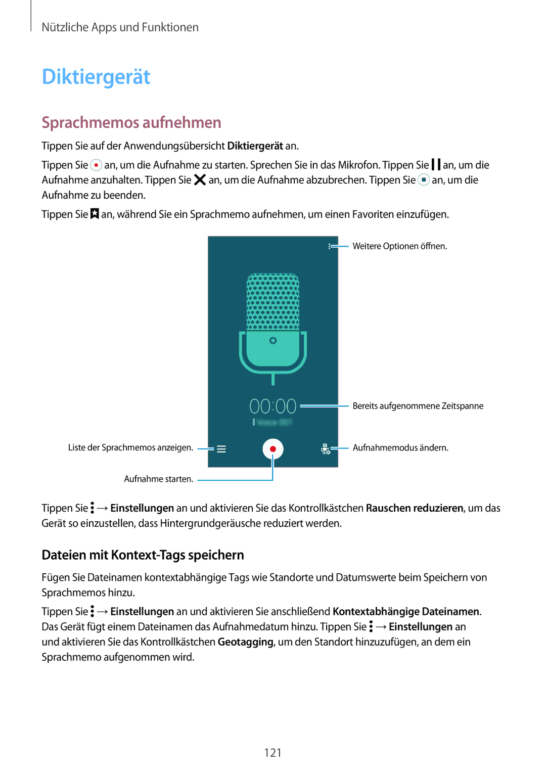 Samsung SM-G800FZDADBT, SM-G800FZWADBT manual Diktiergerät, Sprachmemos aufnehmen, Dateien mit Kontext-Tags speichern 