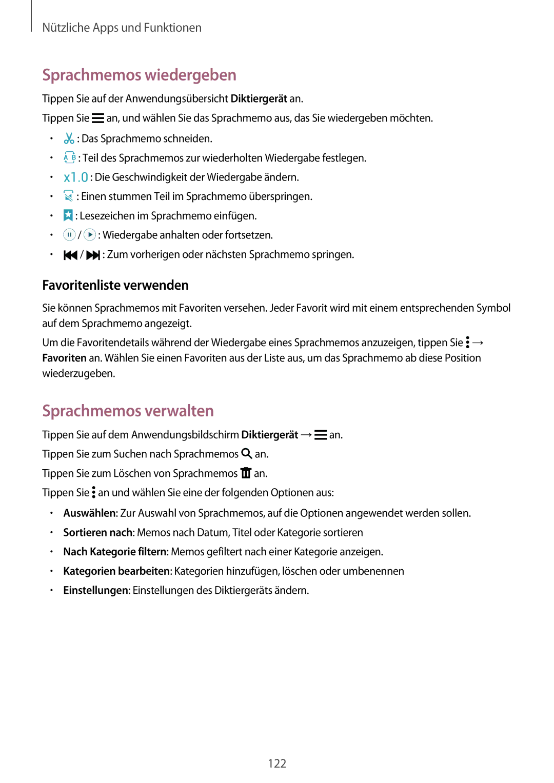 Samsung SM-G800FZKADBT, SM-G800FZWADBT manual Sprachmemos wiedergeben, Sprachmemos verwalten, Favoritenliste verwenden 