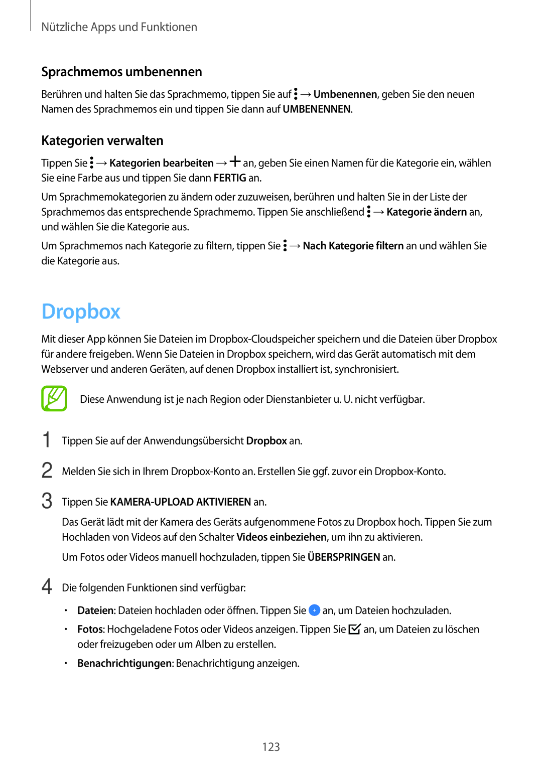 Samsung SM-G800FZBADBT manual Dropbox, Sprachmemos umbenennen, Kategorien verwalten, Tippen Sie KAMERA-UPLOAD Aktivieren an 