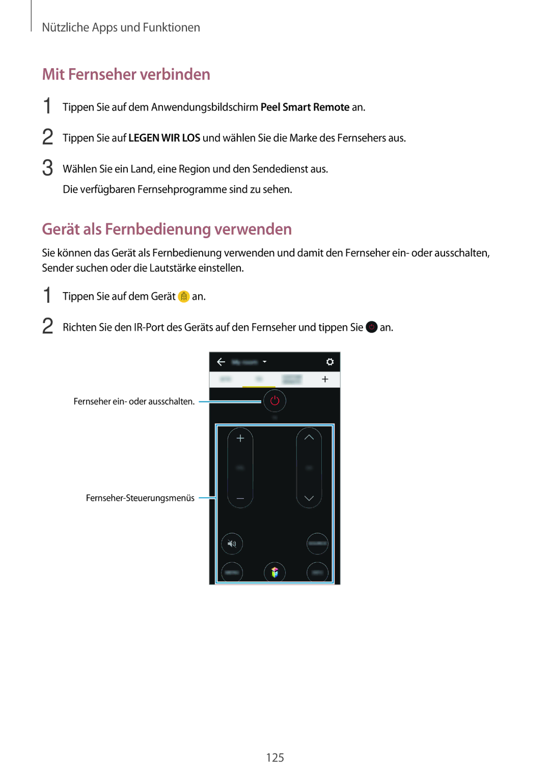 Samsung SM-G800FZDADBT, SM-G800FZWADBT, SM-G800FZKADBT manual Mit Fernseher verbinden, Gerät als Fernbedienung verwenden 