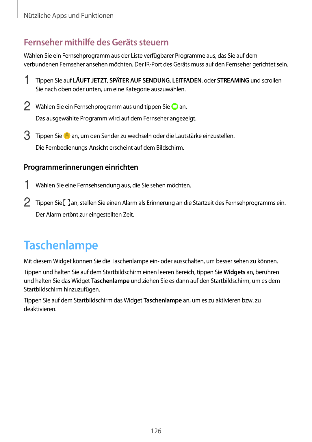 Samsung SM-G800FZKADBT manual Taschenlampe, Fernseher mithilfe des Geräts steuern, Programmerinnerungen einrichten 