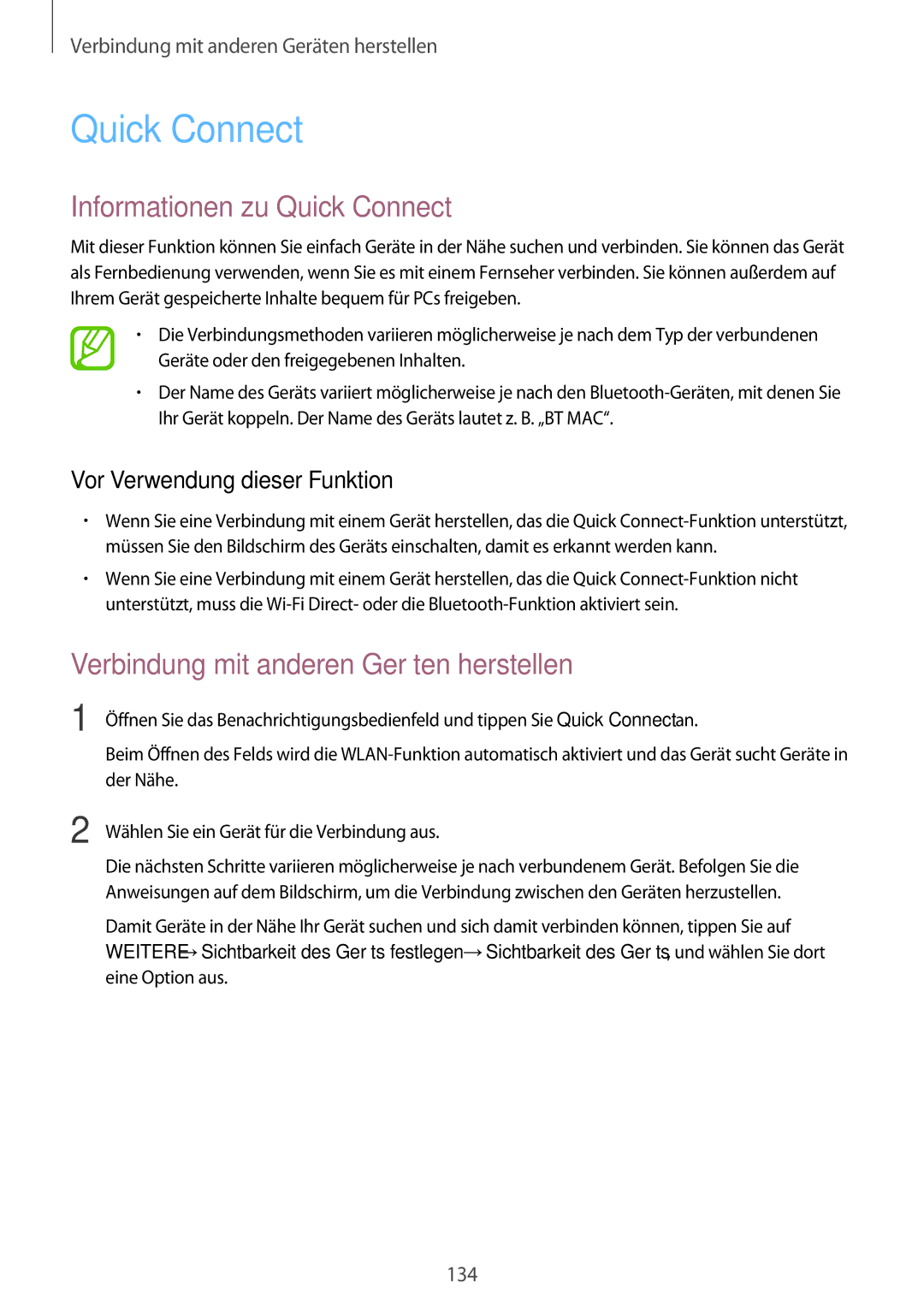 Samsung SM-G800FZKADBT, SM-G800FZWADBT, SM-G800FZDADBT Informationen zu Quick Connect, Vor Verwendung dieser Funktion 