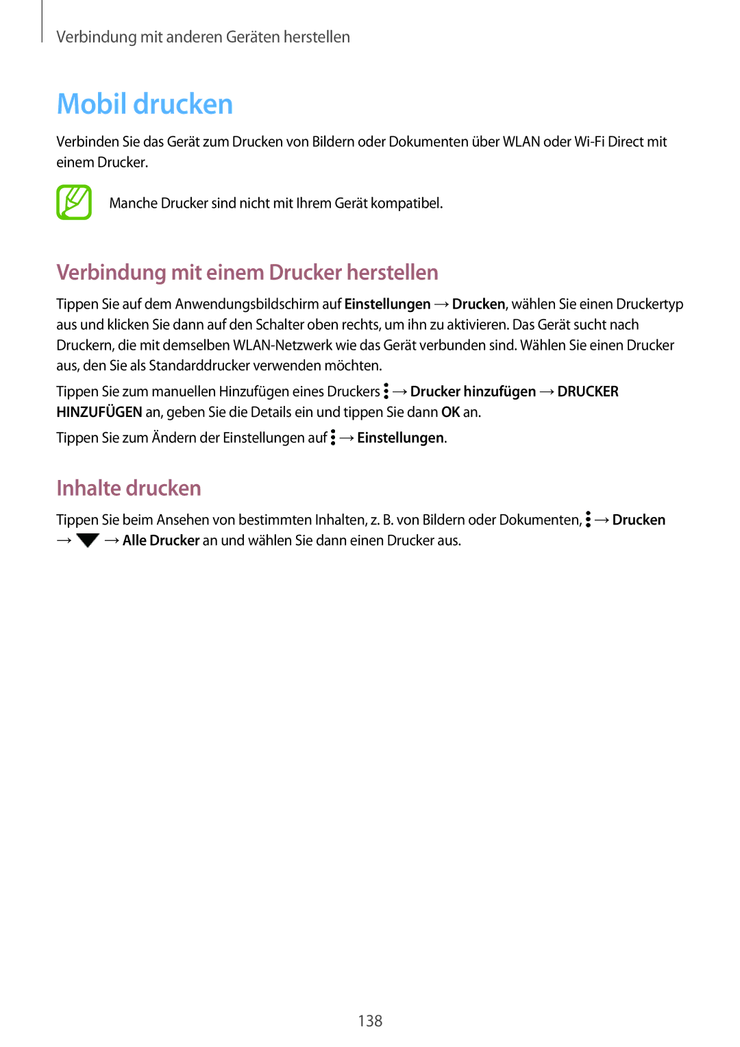 Samsung SM-G800FZKADBT, SM-G800FZWADBT manual Mobil drucken, Verbindung mit einem Drucker herstellen, Inhalte drucken 