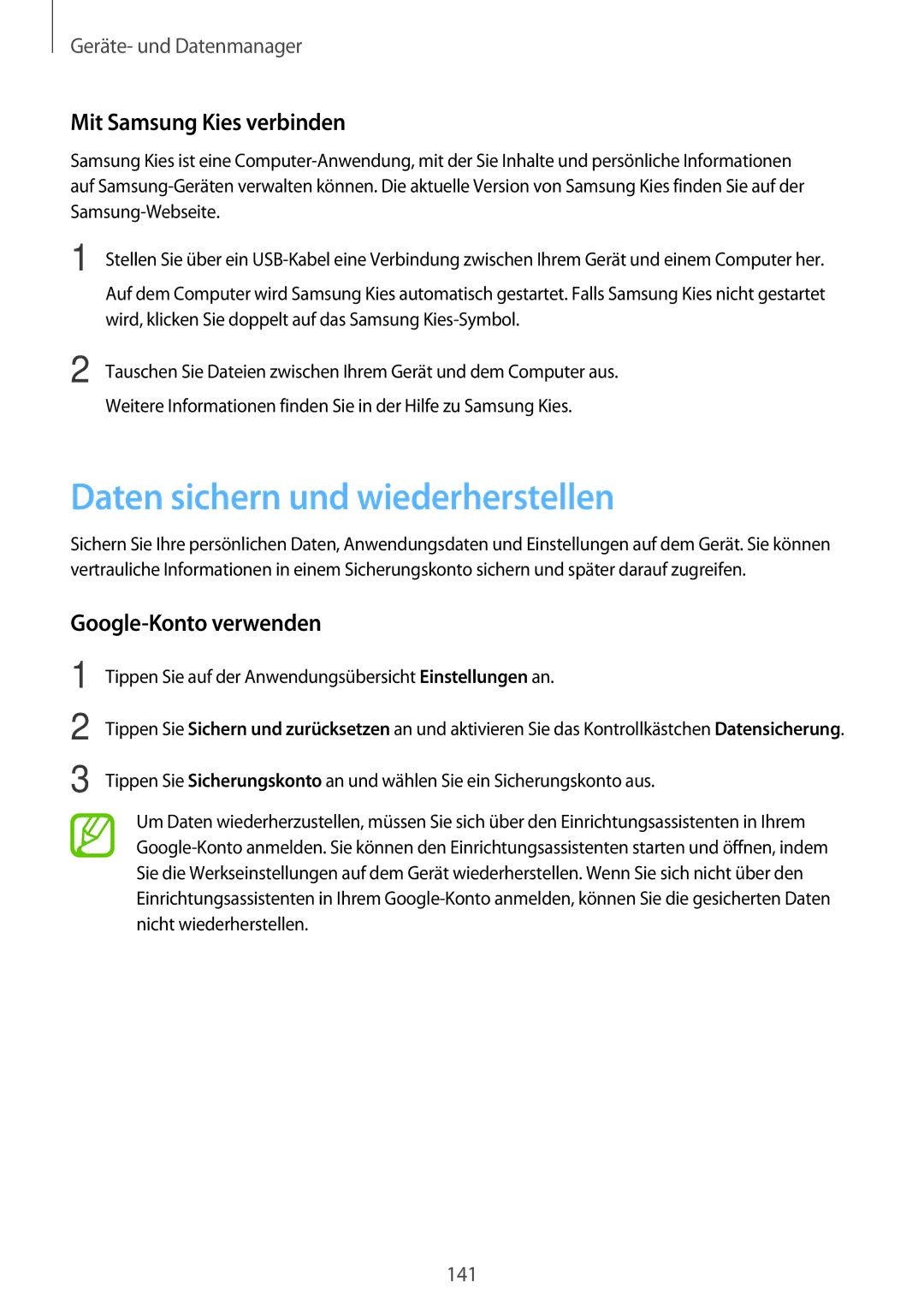 Samsung SM-G800FZDADBT manual Daten sichern und wiederherstellen, Mit Samsung Kies verbinden, Google-Konto verwenden 