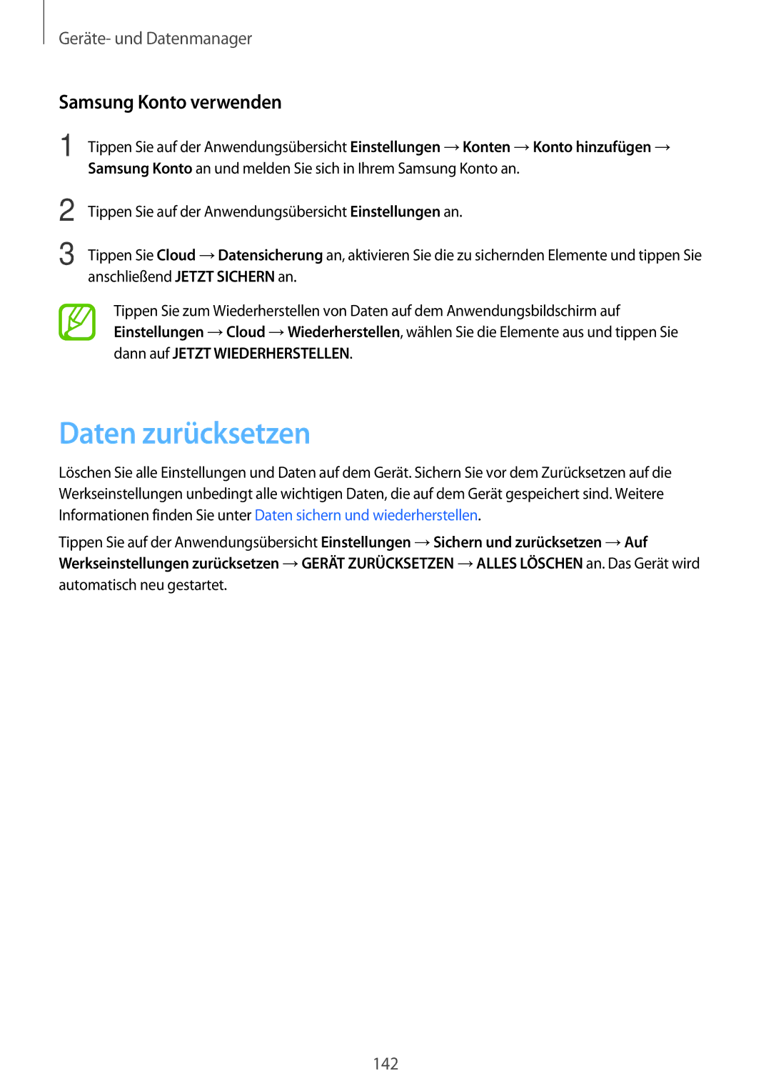 Samsung SM-G800FZKADBT, SM-G800FZWADBT, SM-G800FZDADBT, SM-G800FZBADBT manual Daten zurücksetzen, Samsung Konto verwenden 