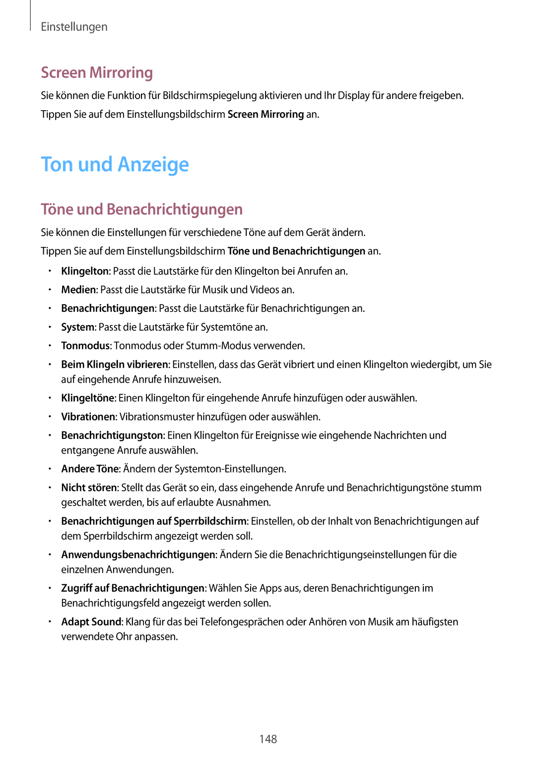 Samsung SM-G800FZWADBT, SM-G800FZDADBT, SM-G800FZKADBT manual Ton und Anzeige, Screen Mirroring, Töne und Benachrichtigungen 