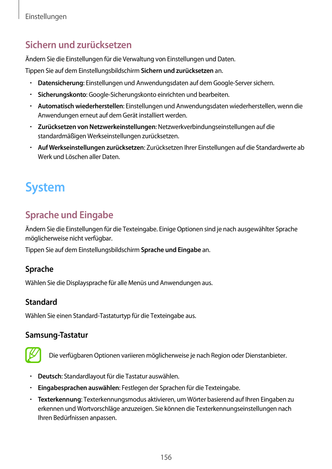 Samsung SM-G800FZWADBT, SM-G800FZDADBT, SM-G800FZKADBT, SM-G800FZBADBT System, Sichern und zurücksetzen, Sprache und Eingabe 