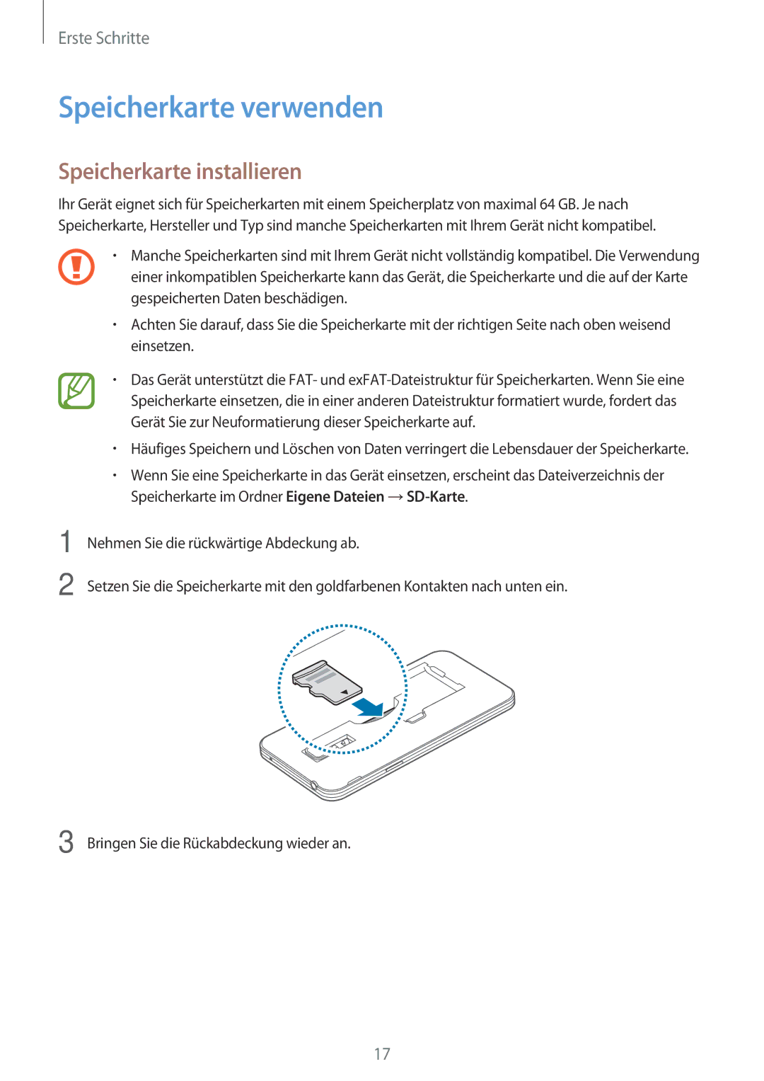 Samsung SM-G800FZDADBT, SM-G800FZWADBT, SM-G800FZKADBT, SM-G800FZBADBT Speicherkarte verwenden, Speicherkarte installieren 