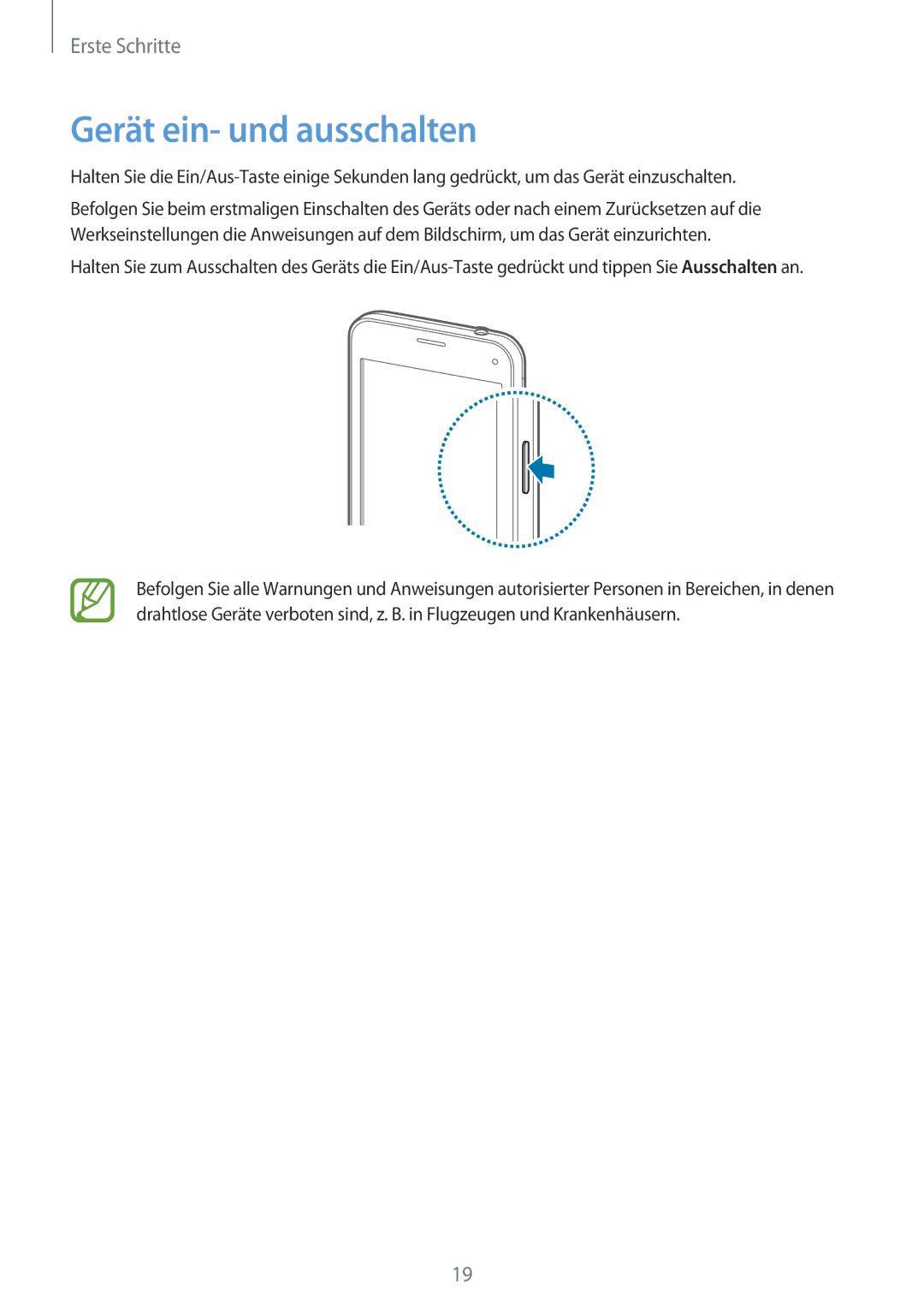 Samsung SM-G800FZBADBT, SM-G800FZWADBT, SM-G800FZDADBT, SM-G800FZKADBT manual Gerät ein- und ausschalten 