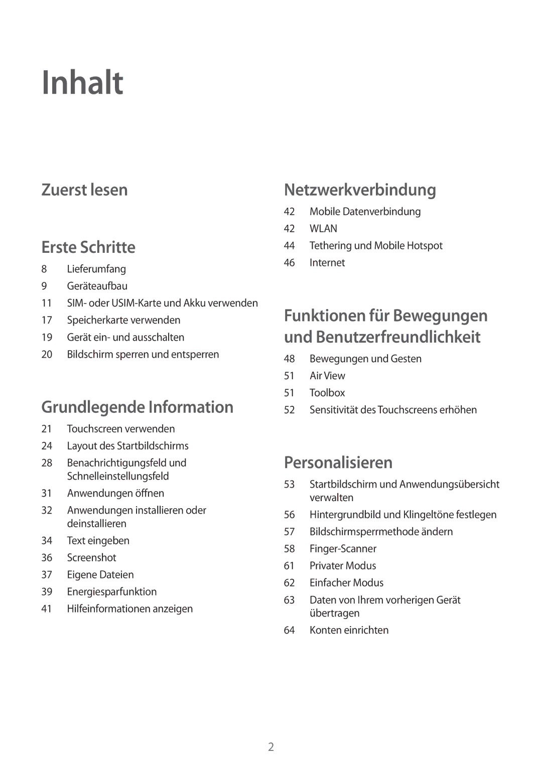 Samsung SM-G800FZKADBT, SM-G800FZWADBT, SM-G800FZDADBT, SM-G800FZBADBT manual Inhalt, Zuerst lesen Erste Schritte 