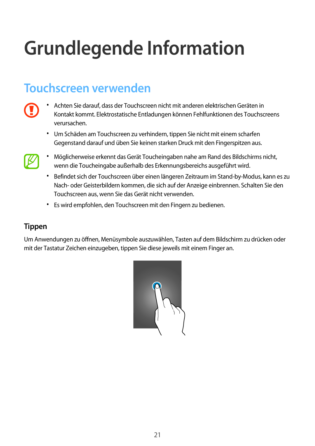 Samsung SM-G800FZDADBT, SM-G800FZWADBT, SM-G800FZKADBT manual Grundlegende Information, Touchscreen verwenden, Tippen 