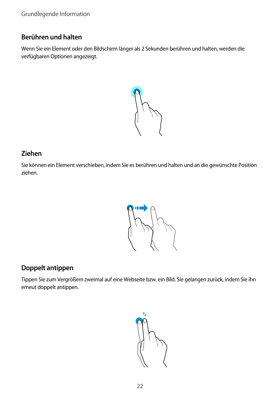 Samsung SM-G800FZKADBT, SM-G800FZWADBT, SM-G800FZDADBT, SM-G800FZBADBT manual Berühren und halten, Ziehen, Doppelt antippen 