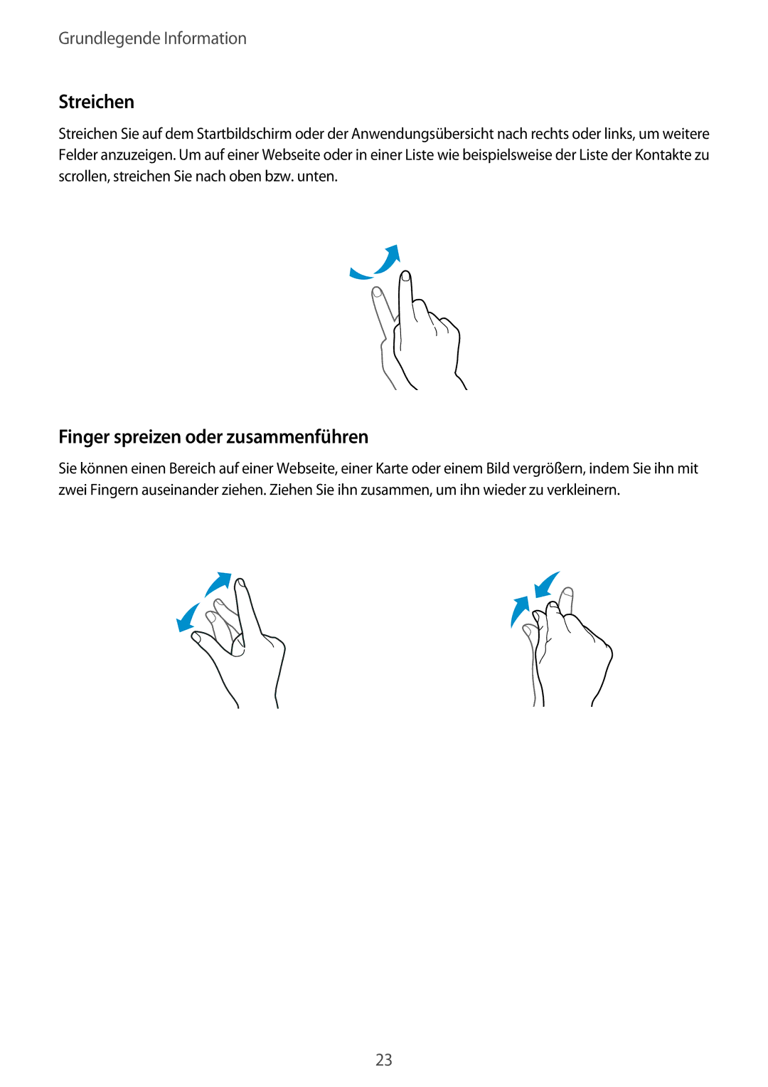 Samsung SM-G800FZBADBT, SM-G800FZWADBT, SM-G800FZDADBT, SM-G800FZKADBT manual Streichen, Finger spreizen oder zusammenführen 