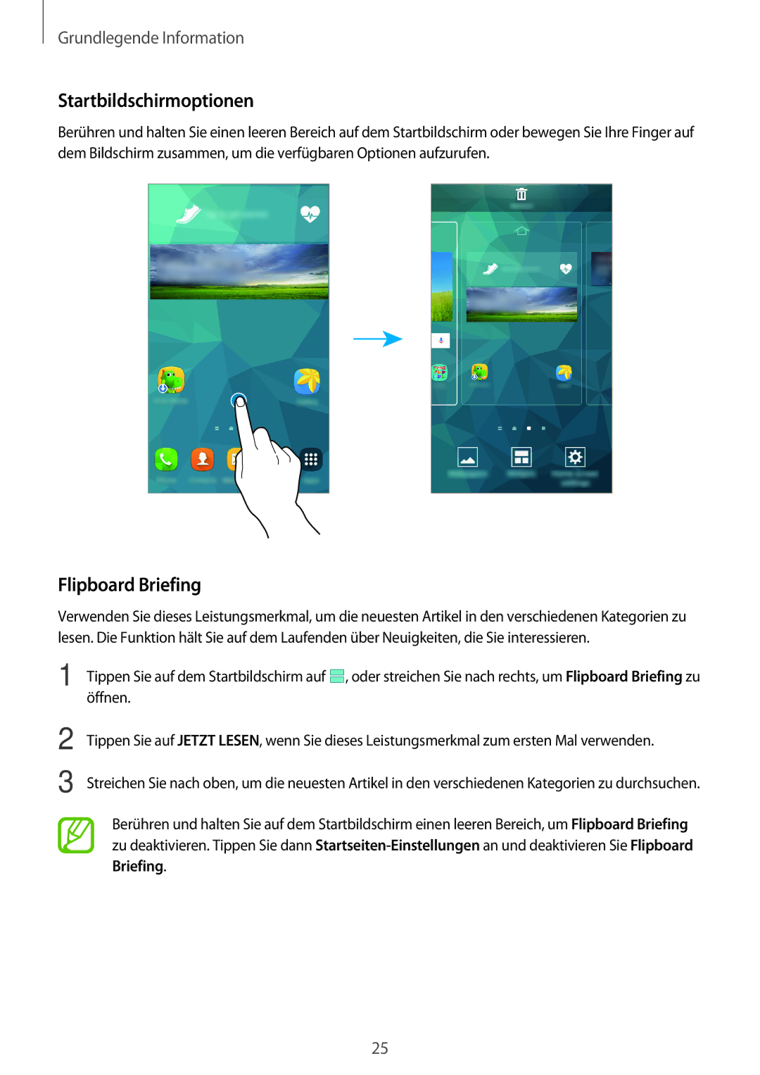 Samsung SM-G800FZDADBT, SM-G800FZWADBT, SM-G800FZKADBT, SM-G800FZBADBT manual Startbildschirmoptionen, Flipboard Briefing 