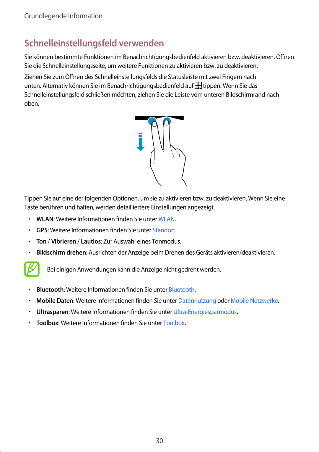 Samsung SM-G800FZKADBT, SM-G800FZWADBT, SM-G800FZDADBT, SM-G800FZBADBT manual Schnelleinstellungsfeld verwenden 