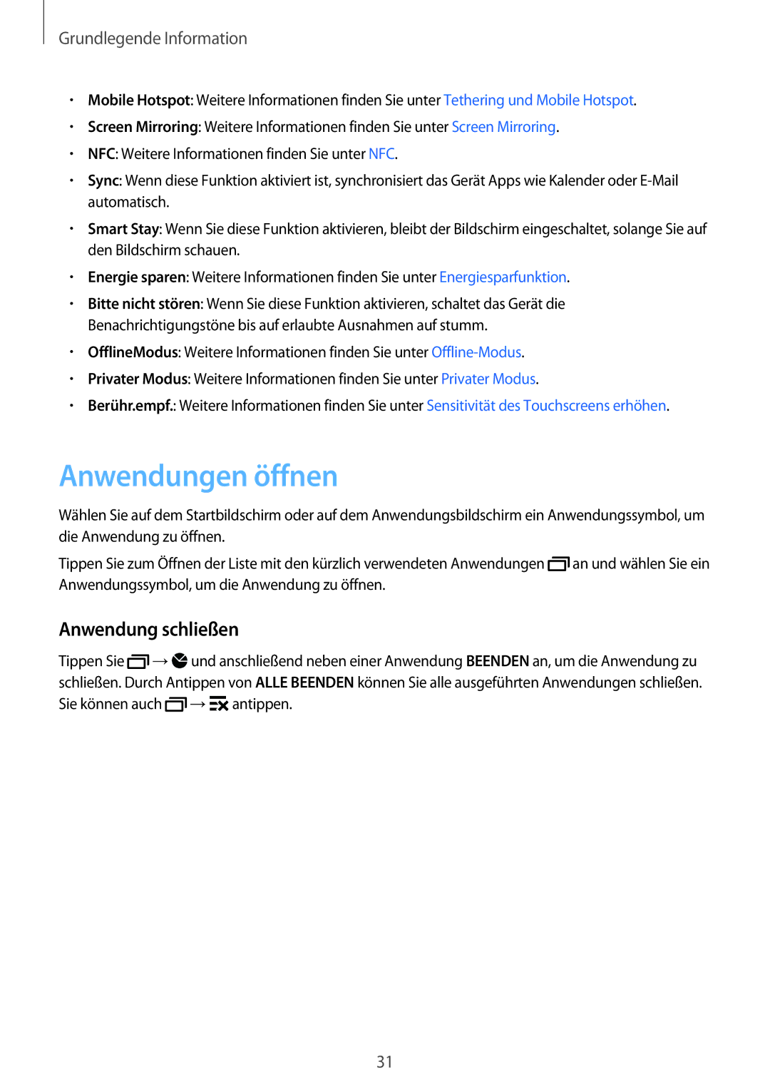 Samsung SM-G800FZBADBT, SM-G800FZWADBT, SM-G800FZDADBT, SM-G800FZKADBT manual Anwendungen öffnen, Anwendung schließen 