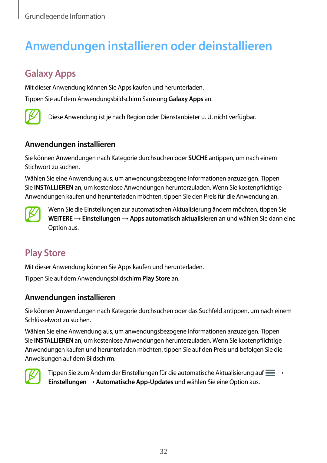 Samsung SM-G800FZWADBT, SM-G800FZDADBT manual Anwendungen installieren oder deinstallieren, Galaxy Apps, Play Store 