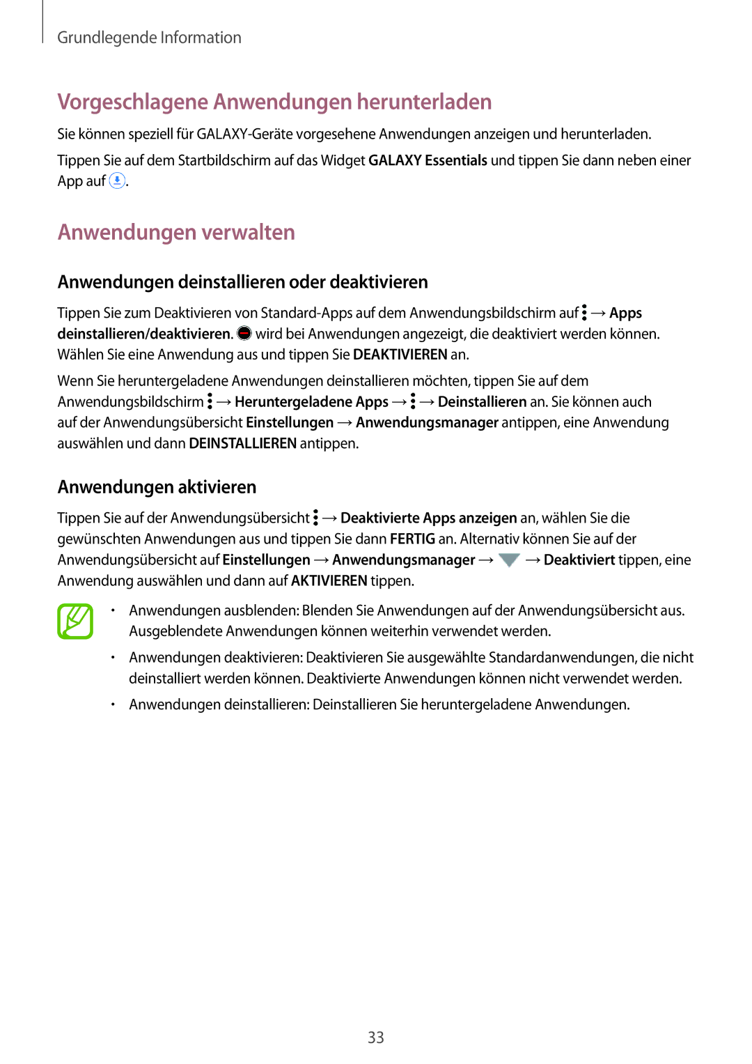 Samsung SM-G800FZDADBT manual Vorgeschlagene Anwendungen herunterladen, Anwendungen verwalten, Anwendungen aktivieren 