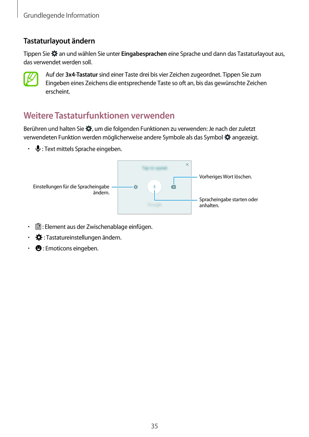 Samsung SM-G800FZBADBT, SM-G800FZWADBT, SM-G800FZDADBT manual Weitere Tastaturfunktionen verwenden, Tastaturlayout ändern 