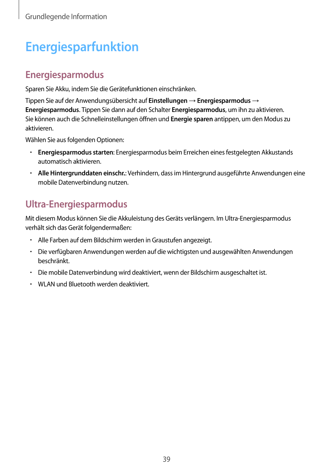 Samsung SM-G800FZBADBT, SM-G800FZWADBT, SM-G800FZDADBT, SM-G800FZKADBT manual Energiesparfunktion, Ultra-Energiesparmodus 