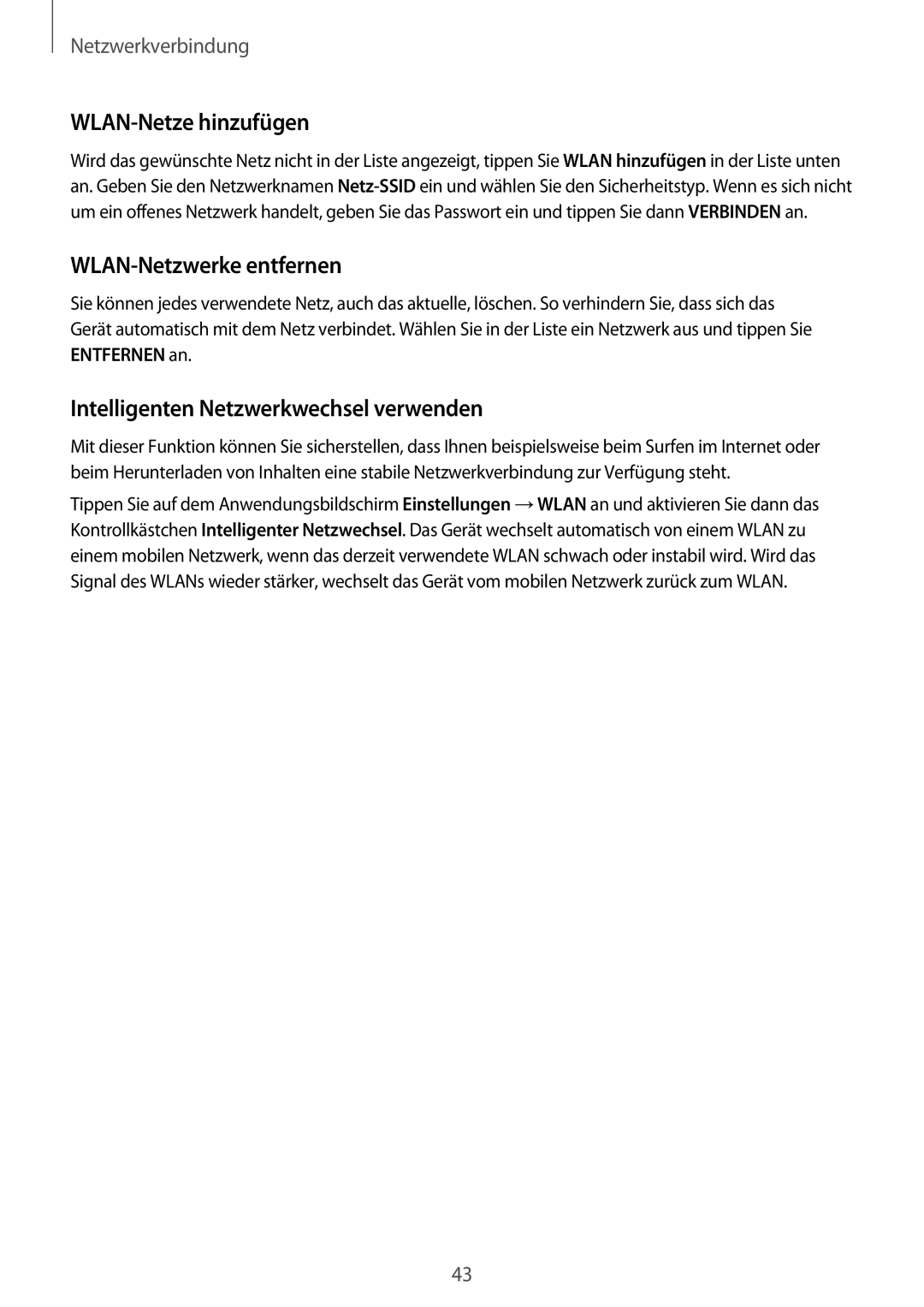 Samsung SM-G800FZBADBT manual WLAN-Netze hinzufügen, WLAN-Netzwerke entfernen, Intelligenten Netzwerkwechsel verwenden 