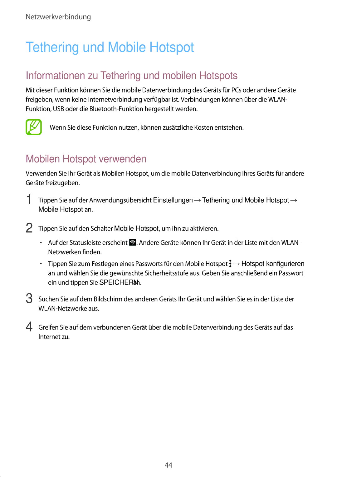 Samsung SM-G800FZWADBT, SM-G800FZDADBT manual Tethering und Mobile Hotspot, Informationen zu Tethering und mobilen Hotspots 