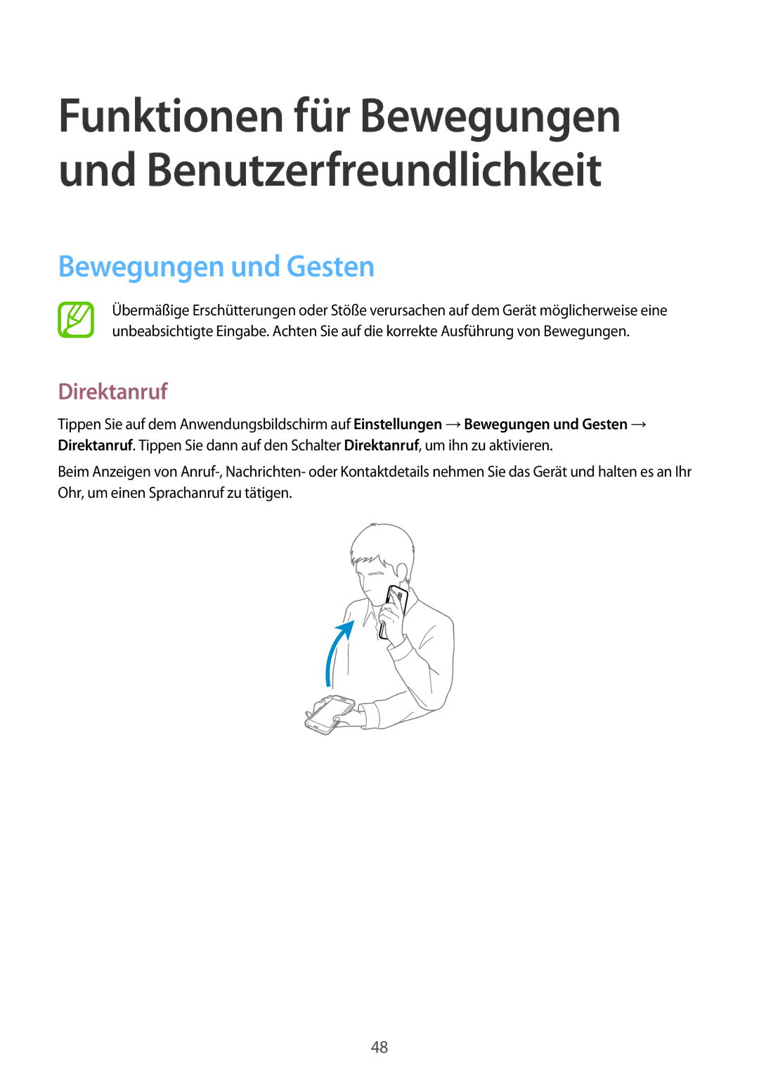 Samsung SM-G800FZWADBT, SM-G800FZDADBT, SM-G800FZKADBT, SM-G800FZBADBT manual Bewegungen und Gesten, Direktanruf 