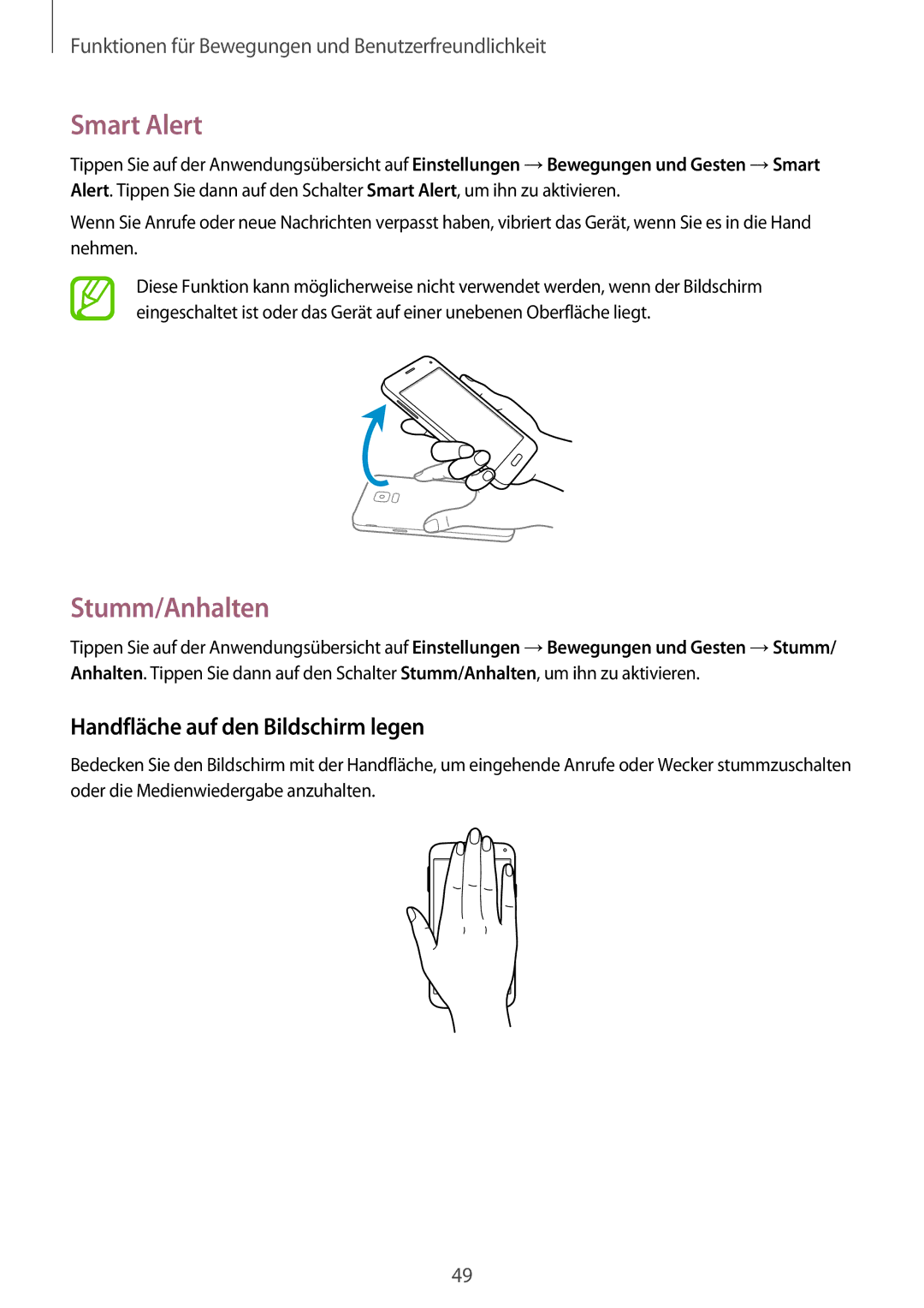 Samsung SM-G800FZDADBT, SM-G800FZWADBT, SM-G800FZKADBT Smart Alert, Stumm/Anhalten, Handfläche auf den Bildschirm legen 