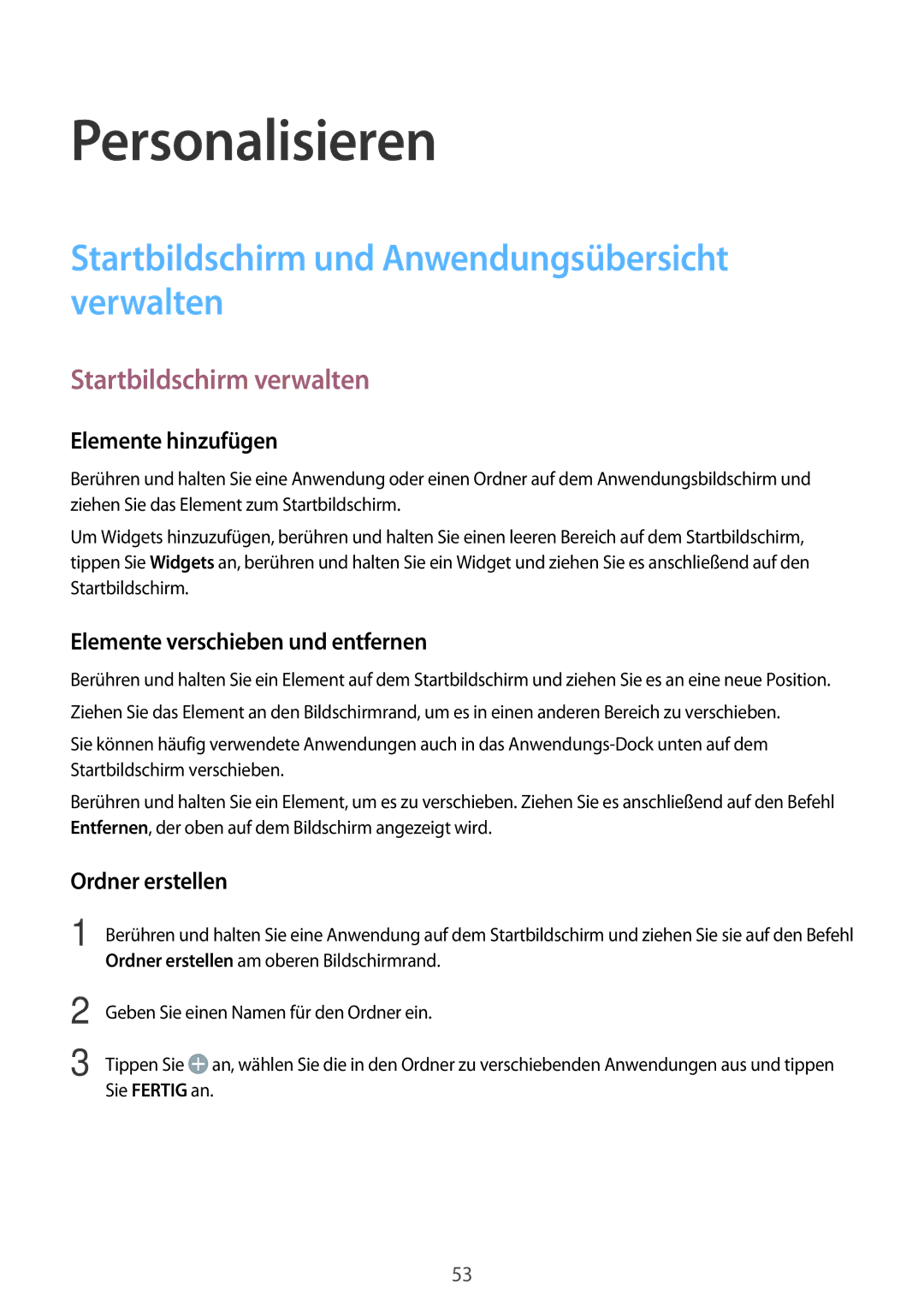 Samsung SM-G800FZDADBT manual Personalisieren, Startbildschirm und Anwendungsübersicht verwalten, Startbildschirm verwalten 