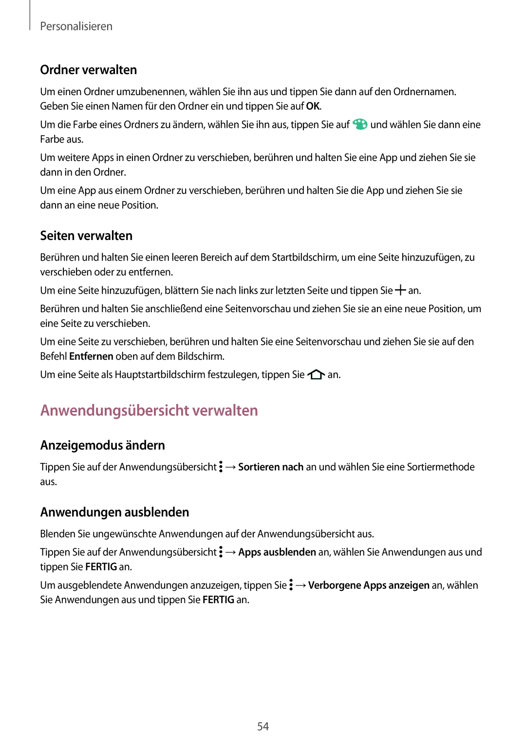 Samsung SM-G800FZKADBT manual Anwendungsübersicht verwalten, Ordner verwalten, Seiten verwalten, Anzeigemodus ändern 