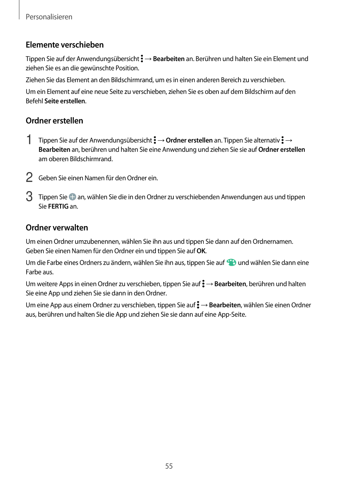 Samsung SM-G800FZBADBT, SM-G800FZWADBT, SM-G800FZDADBT, SM-G800FZKADBT manual Elemente verschieben 