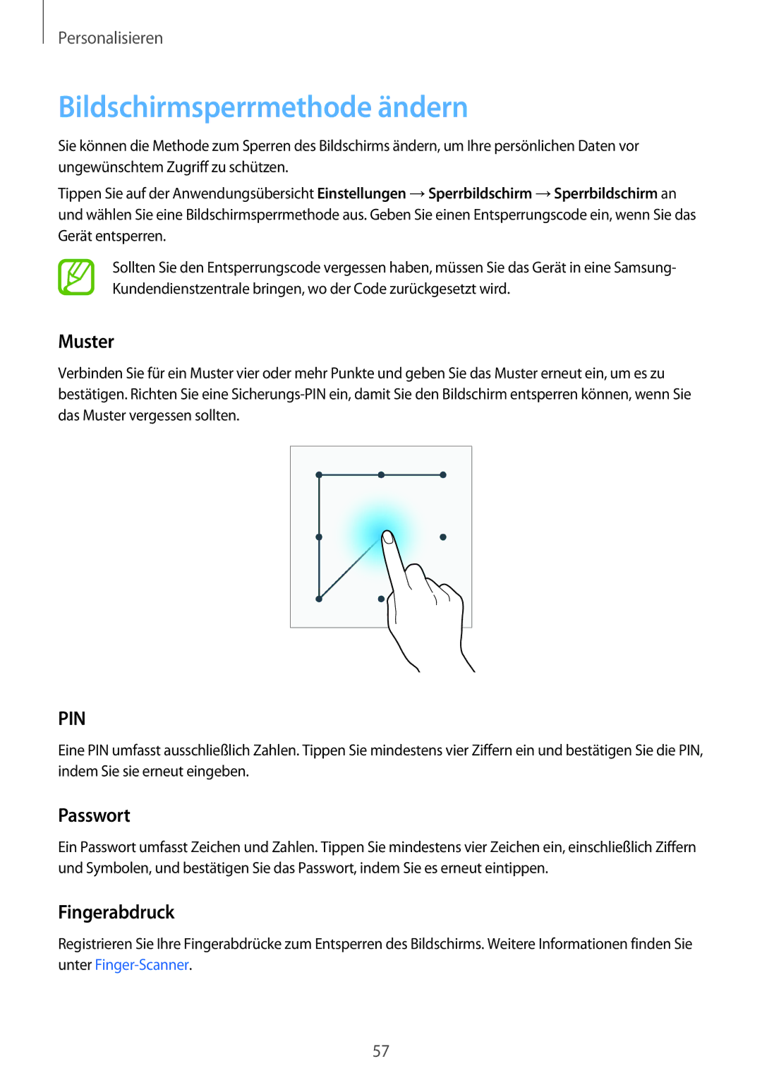 Samsung SM-G800FZDADBT, SM-G800FZWADBT, SM-G800FZKADBT manual Bildschirmsperrmethode ändern, Muster, Passwort, Fingerabdruck 