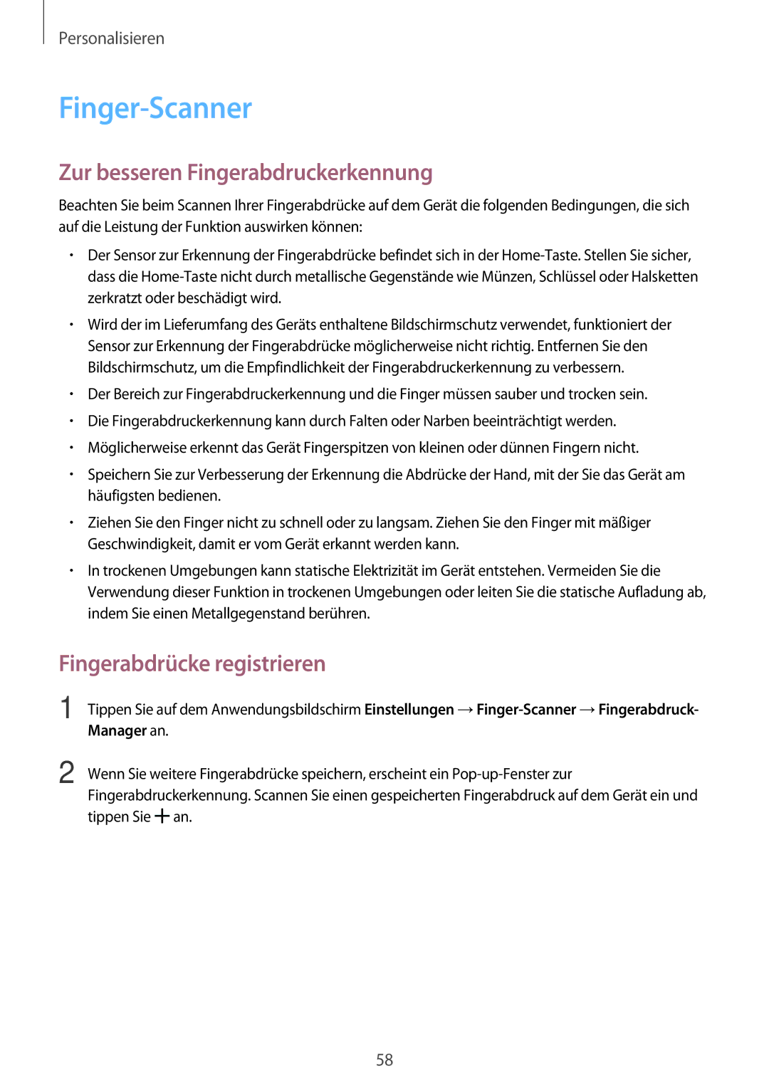 Samsung SM-G800FZKADBT manual Finger-Scanner, Zur besseren Fingerabdruckerkennung, Fingerabdrücke registrieren, Manager an 