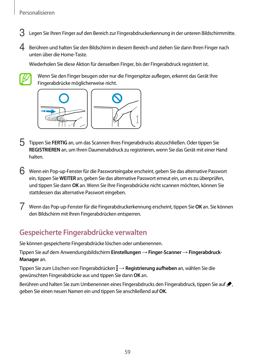 Samsung SM-G800FZBADBT manual Gespeicherte Fingerabdrücke verwalten, Stattdessen das alternative Passwort eingeben 