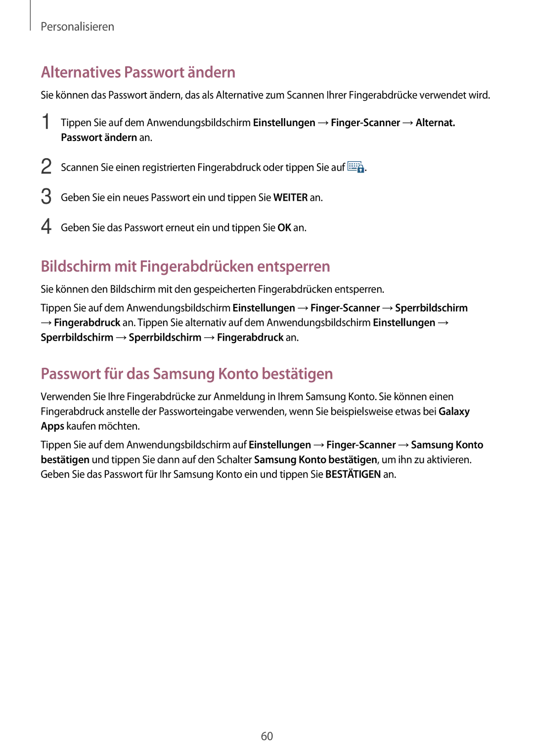 Samsung SM-G800FZWADBT, SM-G800FZDADBT manual Alternatives Passwort ändern, Bildschirm mit Fingerabdrücken entsperren 