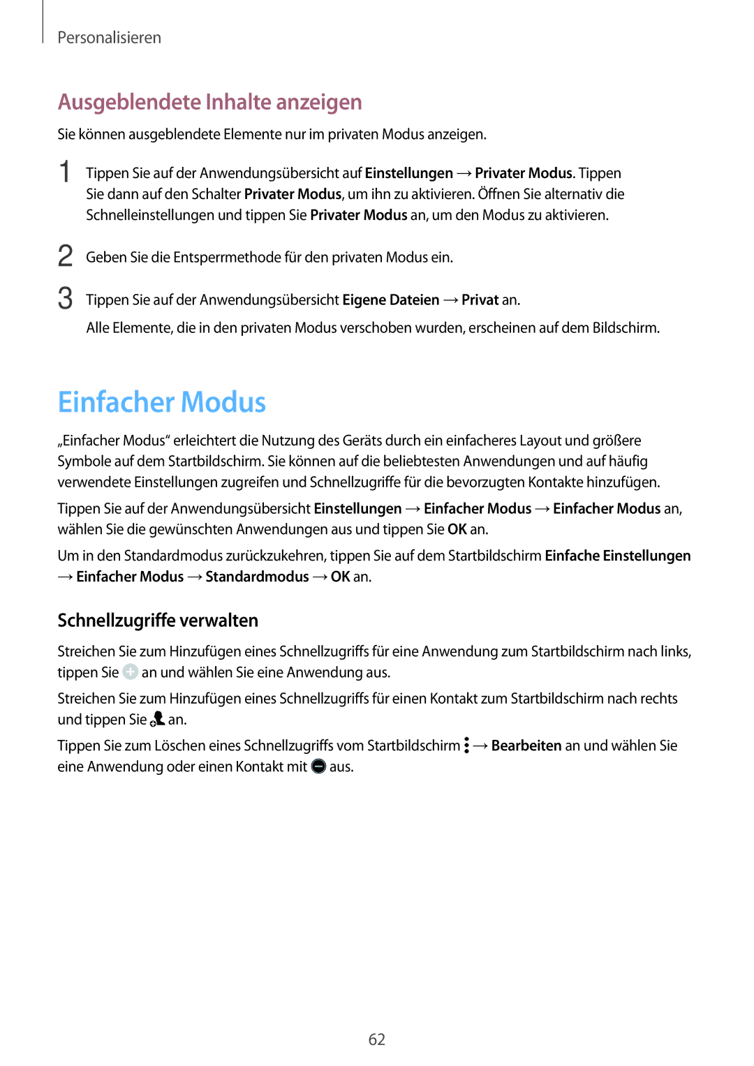 Samsung SM-G800FZKADBT, SM-G800FZWADBT manual Einfacher Modus, Ausgeblendete Inhalte anzeigen, Schnellzugriffe verwalten 