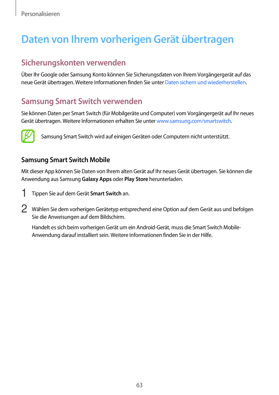 Samsung SM-G800FZBADBT, SM-G800FZWADBT manual Daten von Ihrem vorherigen Gerät übertragen, Sicherungskonten verwenden 