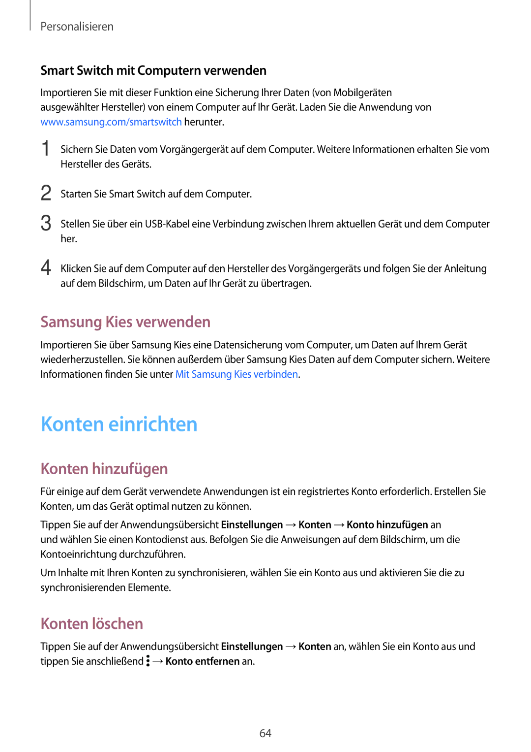 Samsung SM-G800FZWADBT, SM-G800FZDADBT manual Konten einrichten, Samsung Kies verwenden, Konten hinzufügen, Konten löschen 