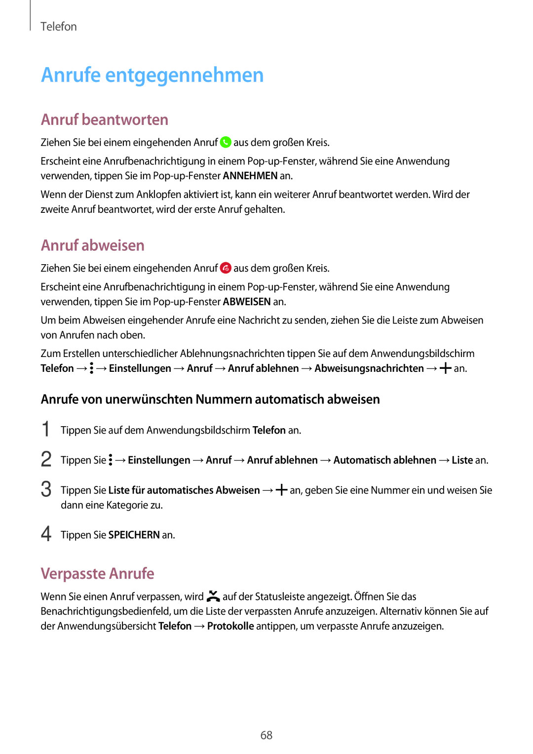 Samsung SM-G800FZWADBT, SM-G800FZDADBT manual Anrufe entgegennehmen, Anruf beantworten, Anruf abweisen, Verpasste Anrufe 