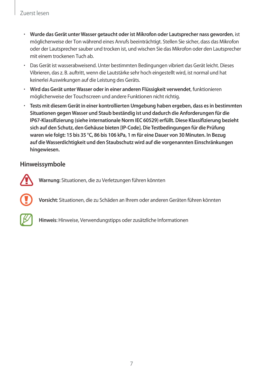 Samsung SM-G800FZBADBT, SM-G800FZWADBT, SM-G800FZDADBT, SM-G800FZKADBT manual Hinweissymbole 